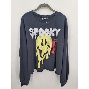 NWT Smiley World Women's Gray Cropped Spooky Smiley Face Sweatshirt Size XL
